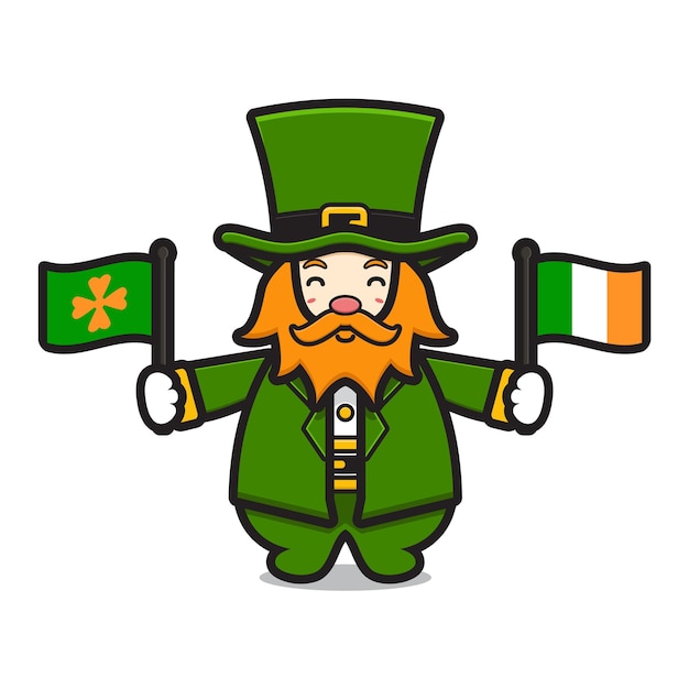 Cute leprechaun saint patrick day character holding irish flag cartoon vector icon illustration