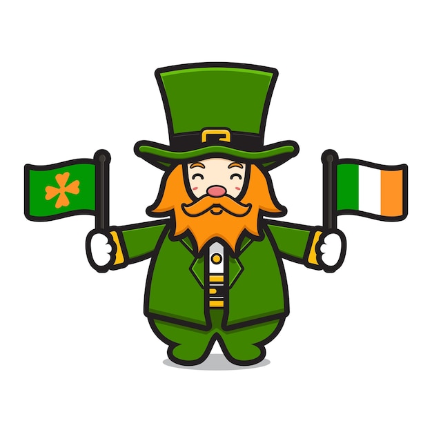 Vector cute leprechaun saint patrick day character holding irish flag cartoon vector icon illustration