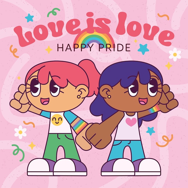 Vector cute lesbian couple holding hands pride month vector