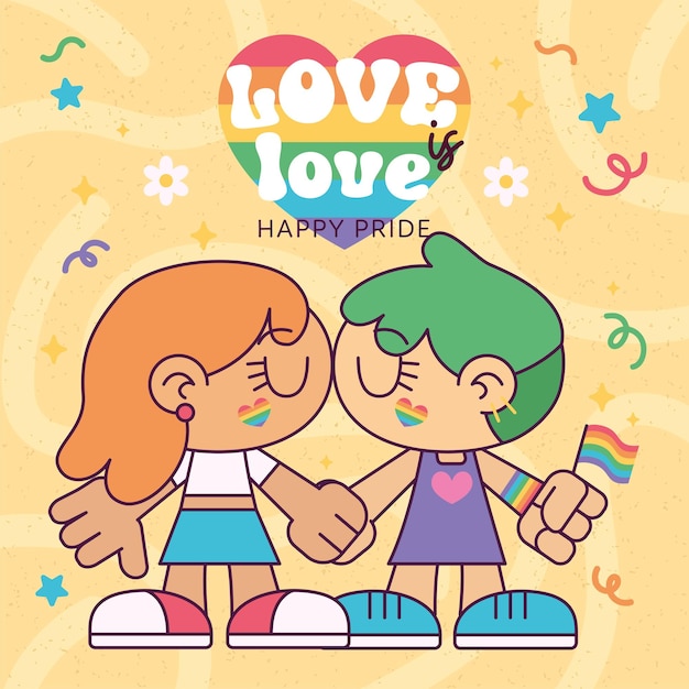 Cute lesbian couple kissing each other Proud month Vector