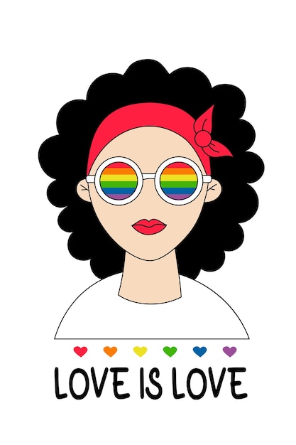 Vector cute lesbian girl in rainbow glasses lgbt pride month love is love lgbtq pride rainbow flag