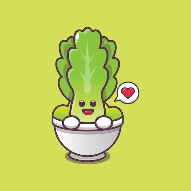 Cute lettuce in bowl cartoon illustration Vegetable cartoon vector illustration