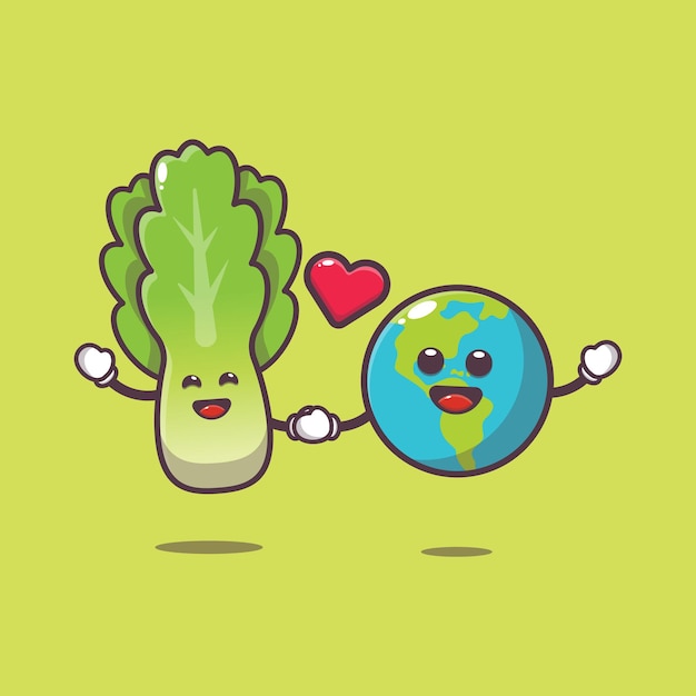 Cute lettuce and earth cartoon illustration world vegetarian day cartoon vector illustration