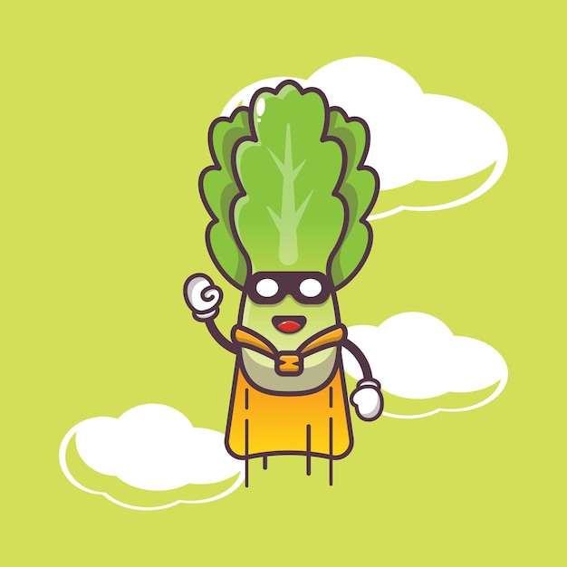 Cute lettuce super hero flying cartoon illustration Vegetable cartoon vector illustration