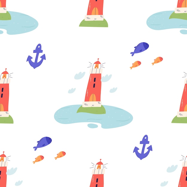 Cute lighthouse seamless pattern cartoon flat vector illustration on white background Nautical and marine pattern with fishes and ship anchor Cute background for kids