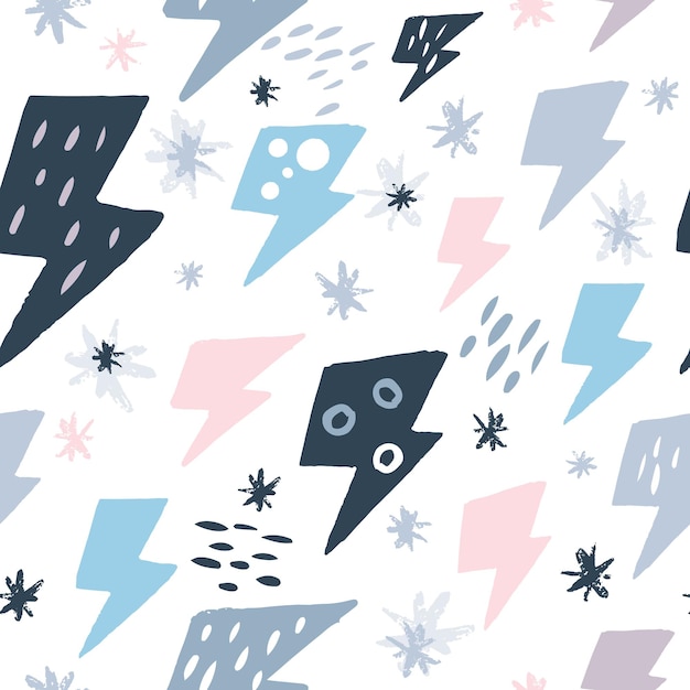 Cute lightning bolts seamless pattern on white background. Thunderbolt wallpaper.Hand drawn doodle thunder backdrop in Scandinavian style. For book covers, design, graphic art, wrapping paper.