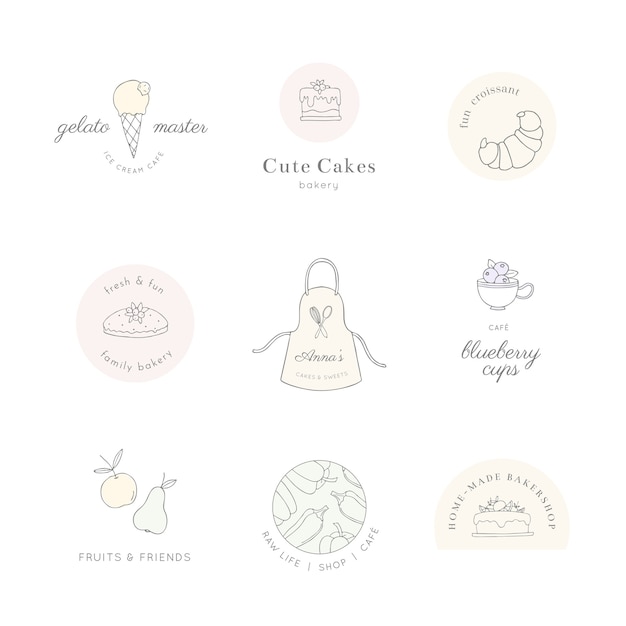 ベクトル かわいい線画の食べ物や料理のロゴ