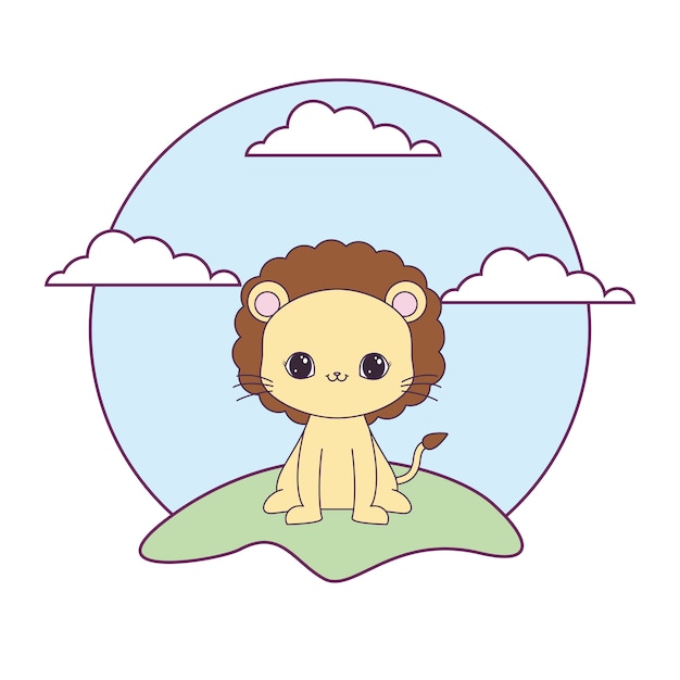 Vector cute lion animal in natural landscape isolated icon