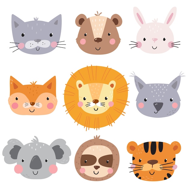 Simpatico leone, orso, gatto, coniglio, bradipo, tigre, koala, volpe, coniglio. illustrazione vettoriale disegnata a mano per poster, cartoline, t-shirt. modelli stampabili