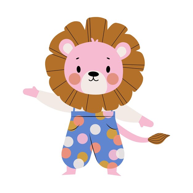 Cute lion in blue polka dot pants and a cream shirtFunny animals