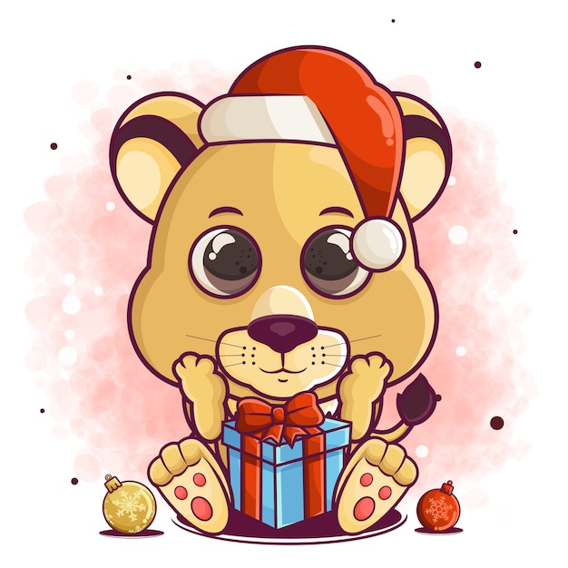 Cute lion cartoon celebrate christmas