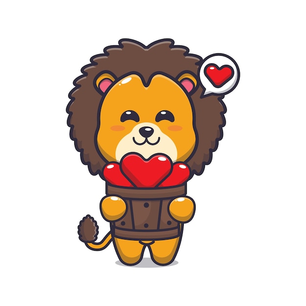 cute lion cartoon character holding love in wood bucket