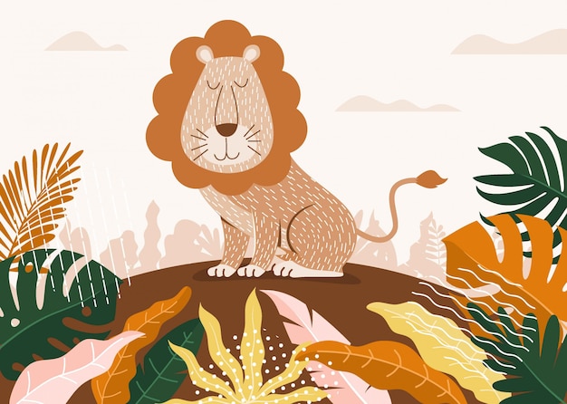 Vector cute lion cartoon between jungle with leaves and trees.