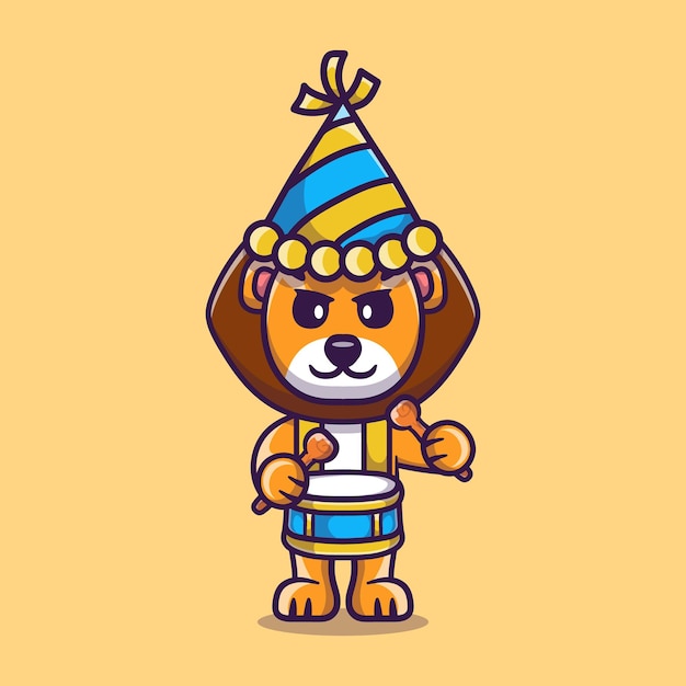 Vector cute lion celebrates new year playing drums