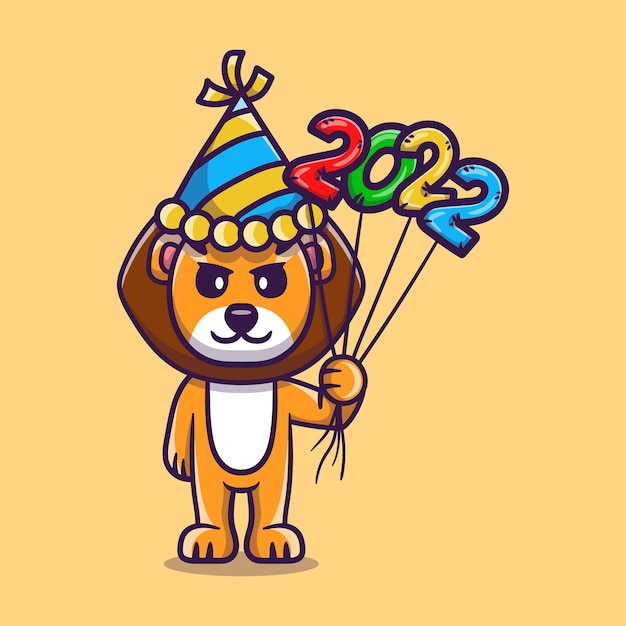 Vector cute lion celebrating new year with 2022 balloons