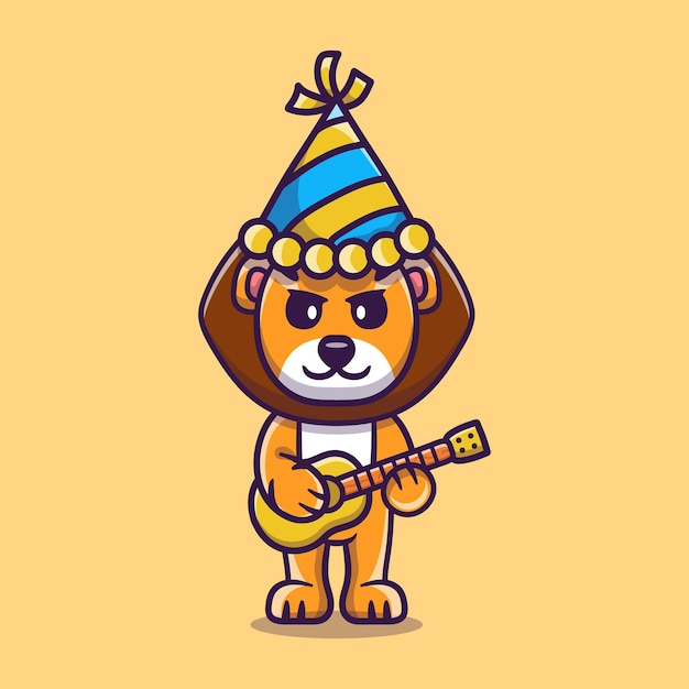 Cute lion celebrating new year with guitars illustration