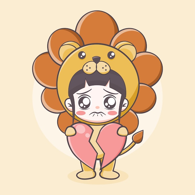 Cute lion costume girl holding a broken hearth cartoon illustration