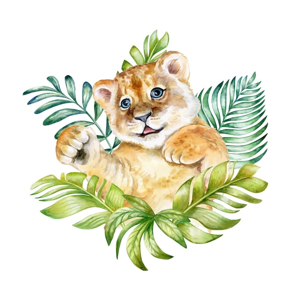 Vector cute lion cub in tropical leaves. watercolor