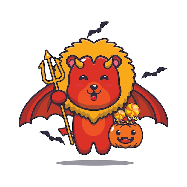 Cute lion devil carrying pumpkin halloween cute halloween cartoon illustration