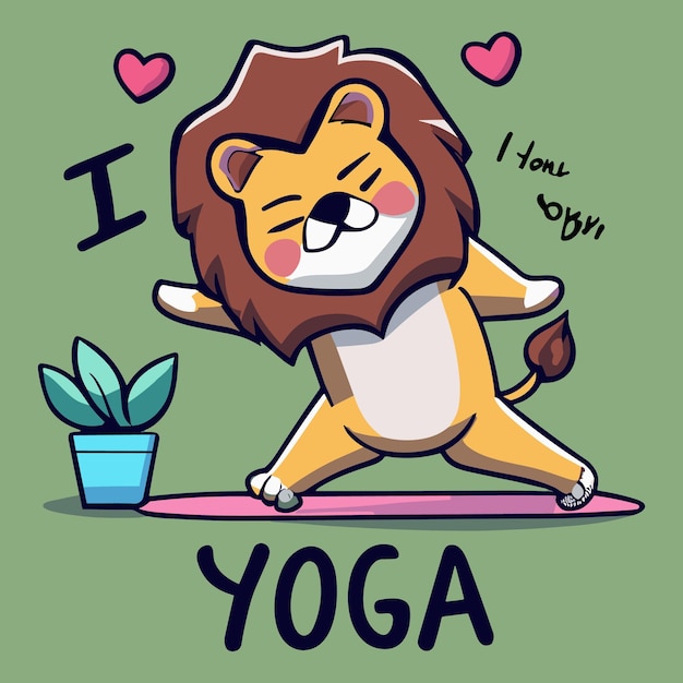 Simpatico leone che fa yoga sul pavimento con il testo amo lo yoga anime su sfondo bianco