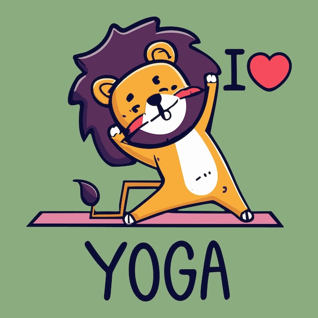 Vector cute lion doing yoga on the floor with text i love yoga white background anime