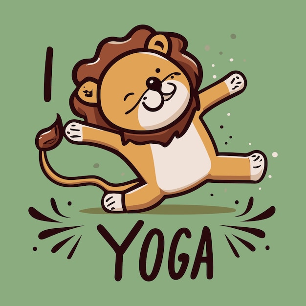 cute lion doing yoga on the floor with text I love yoga white background anime