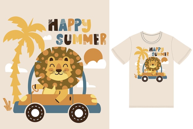 cute lion driving car illustration with tshirt design premium vector