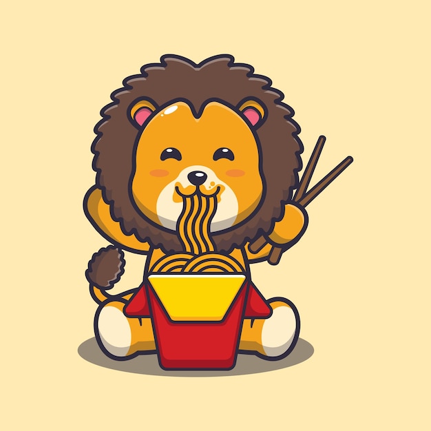 Cute lion eating noodle cute animal cartoon illustration