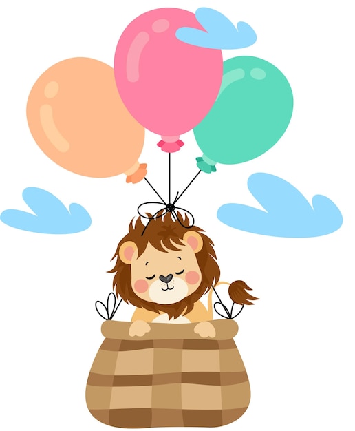 Cute lion flying in basket with balloons