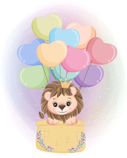 Cute Lion flying with air balloon