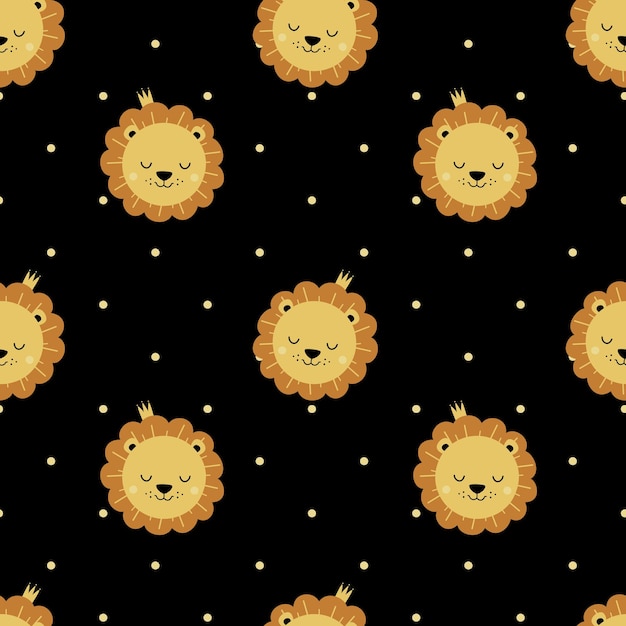 Vector cute lion head seamless pattern yellow background for funny kids room decoration wallpaper wrappin