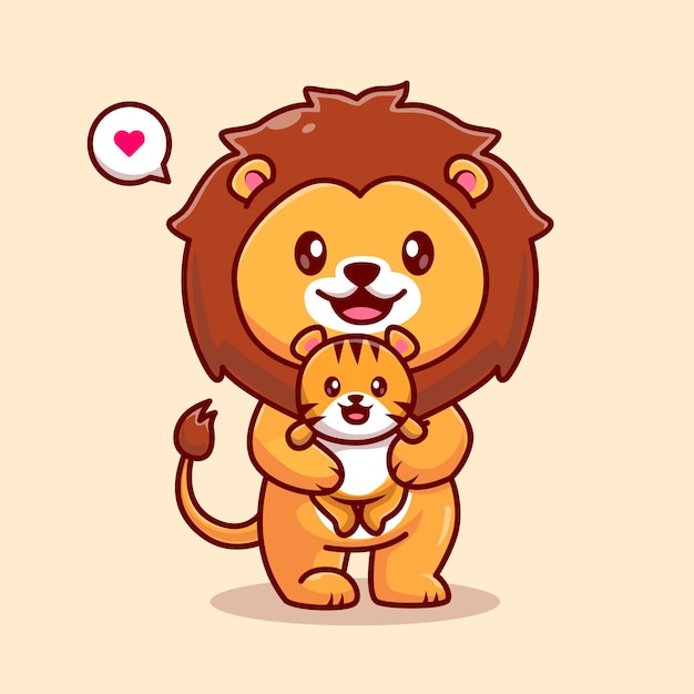 Vector cute lion holding baby tiger cartoon vector icon illustration. animal nature icon concept isolated