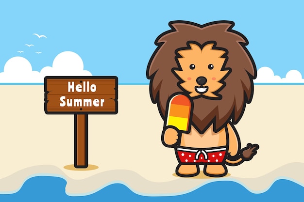 Cute lion holding ice cream with a summer greeting banner cartoon icon illustration