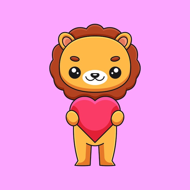 Cute lion holding love hearth cartoon doodle art hand drawn concept vector kawaii icon illustration