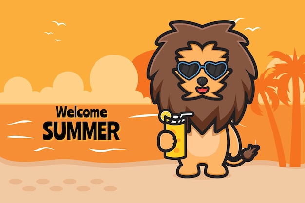 Cute lion holding orange juice with a summer greeting banner cartoon icon illustration