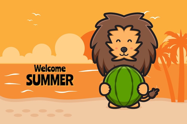 Cute lion holding watermelon with a summer greeting banner cartoon icon illustration