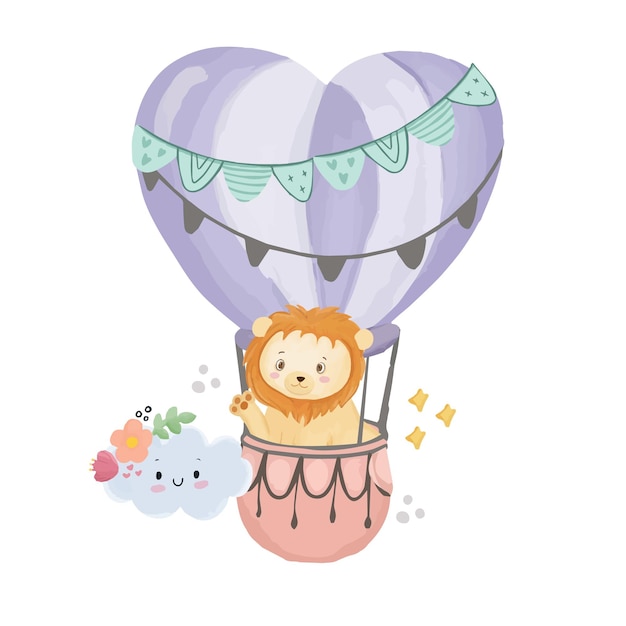 Cute lion in hot air balloon with cloud nursery baby watercolor illustration