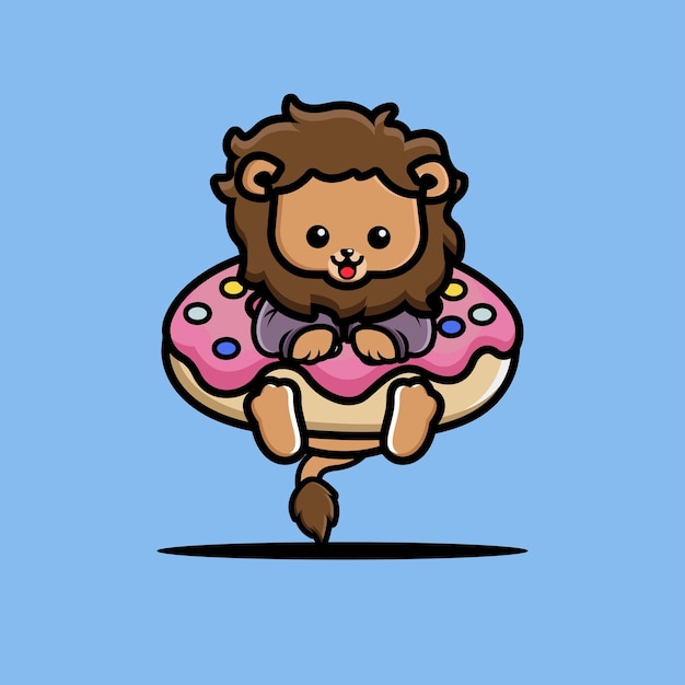 Cute lion hug big doughnut cartoon