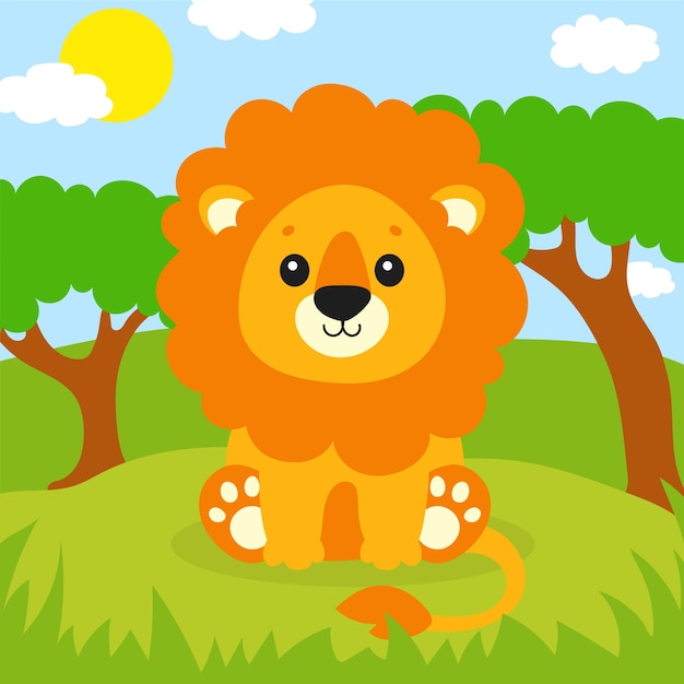 A cute lion is standing on the grass Beautiful landscape