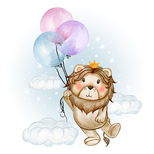 Cute lion king flying with balloons watercolor illustration