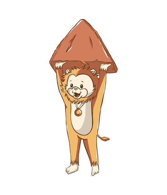 cute lion mascot cartoon illustration design lifting a lump of earth