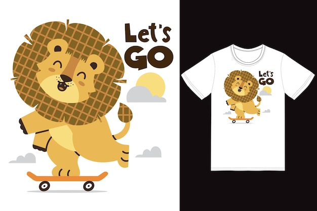 Vector cute lion playing skateboard illustration with tshirt design premium vector