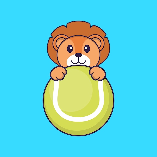 Cute lion playing tennis Animal cartoon concept isolated