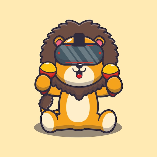 Cute lion playing virtual reality Cute animal cartoon illustration