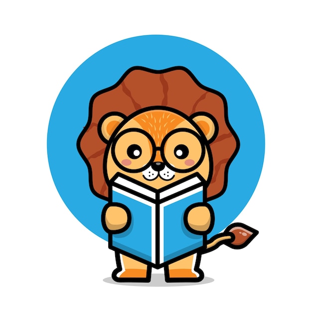 Cute lion read a book cartoon illustration