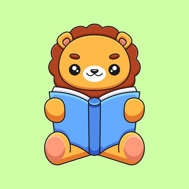 Cute lion reading book cartoon mascot doodle art hand drawn concept vector kawaii icon illustration