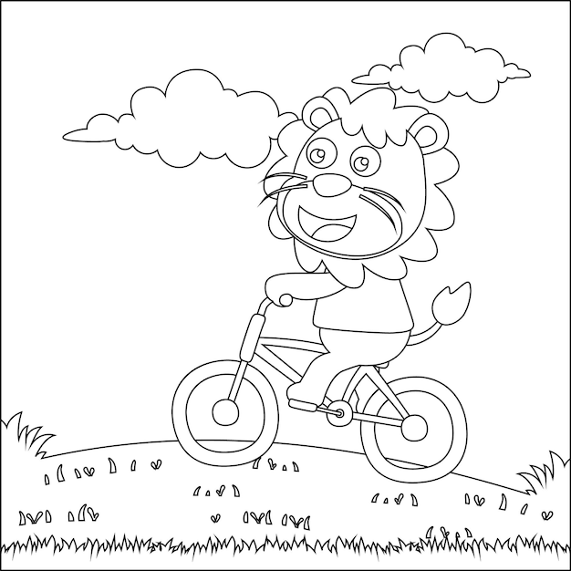 Simpatico leone in sella a una bicicletta grafica per bambini alla moda con line art design coloring book