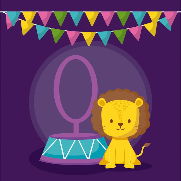 Cute lion in ring with garlands icon