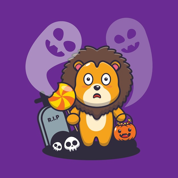 Cute lion scared by ghost in halloween day cute halloween cartoon illustration