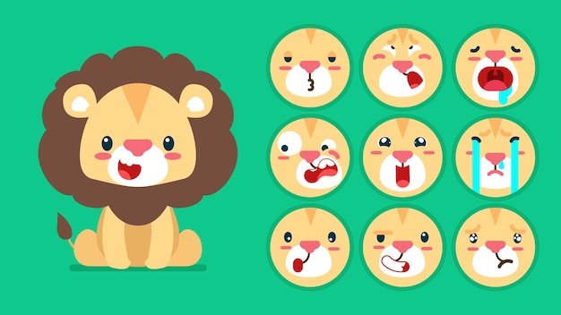 Cute Lion set of animal emotions tiny Lion with emoji collocation sleeping crying sad Bored